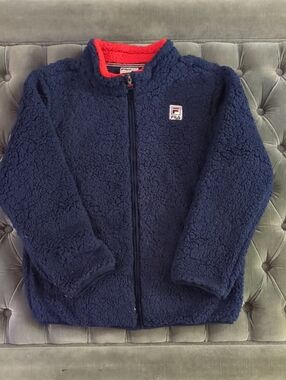 FILA Navy Sherpa Jacket with Back Logo And Red Collar Accent